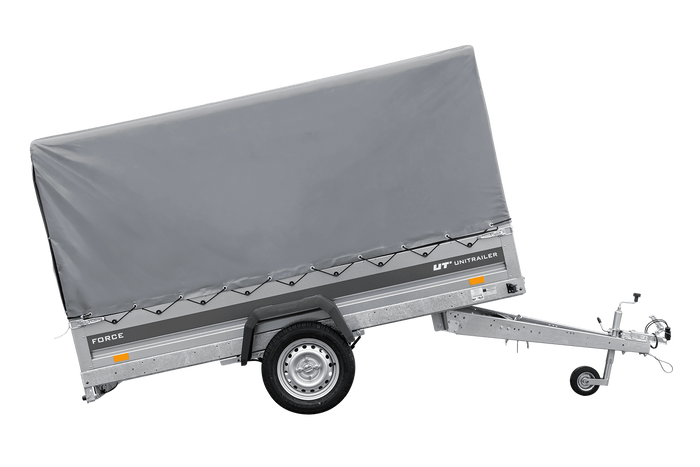 Enkelassige aanhanger op veren 264x125 UNITRAILER FORCE 264/R KIPP met H-1100 frame en grijze afdekking