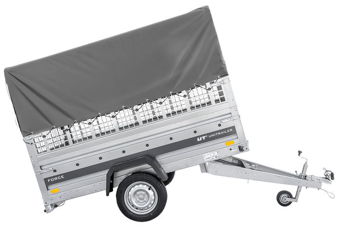 Enkelassige aanhanger 230x125 UNITRAILER FORCE 230 KIPP met gaaswanden, H-800 frame en grijze afdekking.