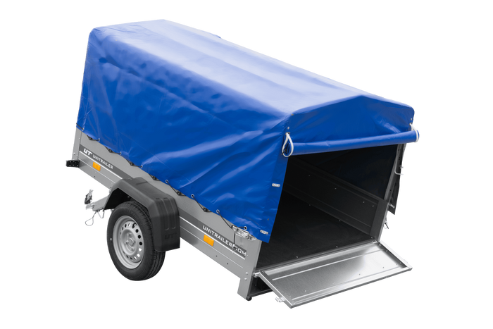 Lichte aanhanger 200x125 UNITRAILER GARDEN 201 KIPP met H-800 frame en blauw dekzeil