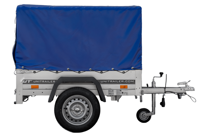 Lichte aanhangwagen Garden Trailer 150 KIPP met afmeting van 150x106 met blauwe zeil en huif MTM 750 KG 
