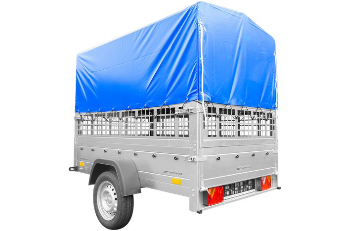 Lichte autoaanhanger tot 750 kg GARDEN TRAILER 201 KIPP met steunwiel, mesh zijkanten en H-800 frame met blauw zeildoek