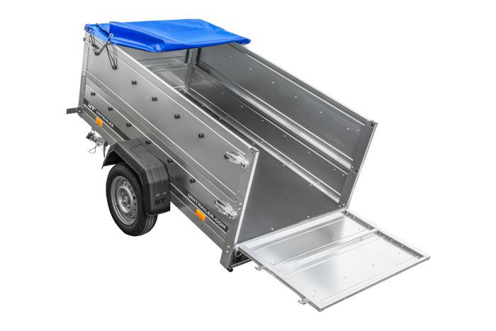 Enkelassige aanhanger 200x106 UNITRAILER GARDEN 200 KIPP met BIS-zijwanden en blauw dekzeil