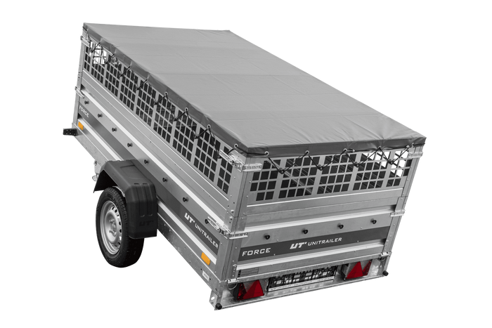 Enkelassige aanhanger 230x125 UNITRAILER FORCE 230 KIPP met gaaswanden, H-0 frame en grijze afdekking.