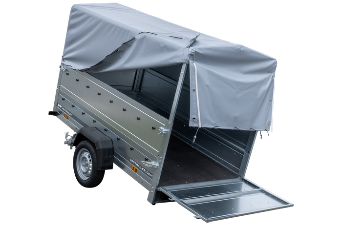 Autoaanhanger 230x125 UNITRAILER GARDEN 230 KIPP met BIS-zijwanden, H-800 frame en grijze afdekking