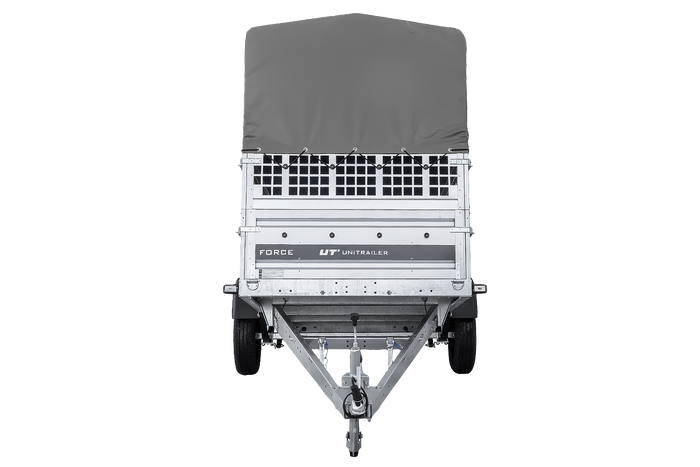 Autotransportaanhanger op veren 264x125 UNITRAILER FORCE 264/R KIPP met gaaswanden, H-800 frame en grijze afdekking