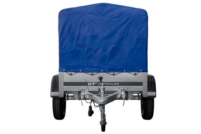 Lichte aanhangwagen Garden Trailer 150 KIPP met afmeting van 150x106 met blauwe zeil en huif MTM 750 KG 