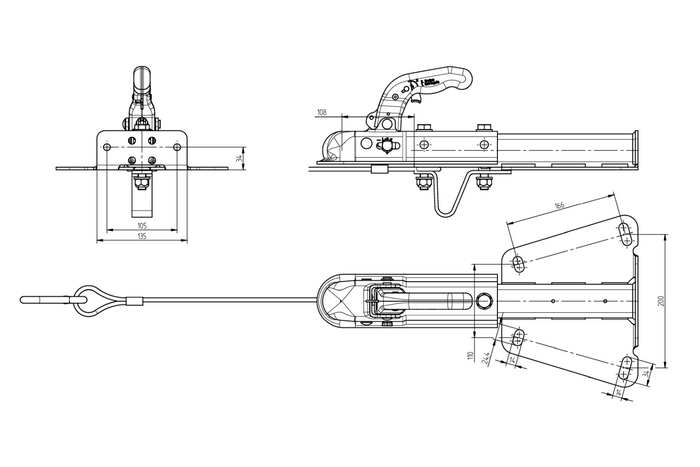 KNOTT K7.5-H+KZE7.5 kogelkoppeling met steun en kabel voor een aanhanger van 750 kg met V-vormige dissel.