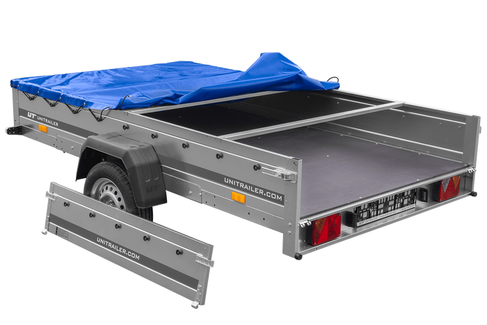 Enkelassige aanhanger op veren 264x150 UNITRAILER GARDEN 265/R KIPP met H-0 frame en blauwe afdekking
