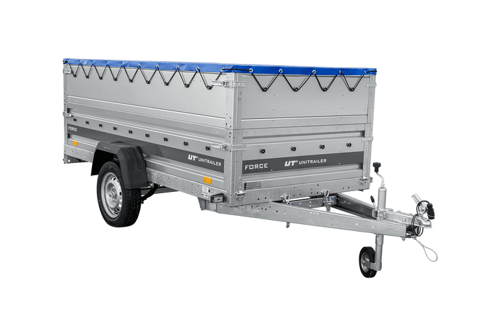 Enkelassige aanhanger op veren 264x125 UNITRAILER FORCE 264/R KIPP met BIS-zijwanden, H-0 frame en blauw dekzeil