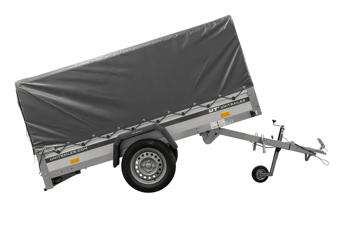 Enkelassige aanhanger met aluminium zijwanden 230x125 Unitrailer Garden 230 KIPP ALU met H-800 frame en grijze afdekking