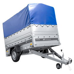 Enkelassige aanhanger op veren 230x125 UNITRAILER FORCE 230/R KIPP met BIS-zijwanden, H-800 frame en blauwe afdekking