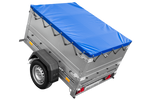 Unitrailer GARDEN TRAILER 150 KIPP met steunwiel, twee zijkanten en blauwe vlakke afdekking