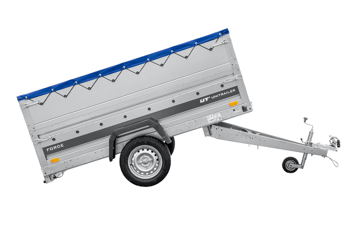 Lichte aanhanger 230x125 UNITRAILER FORCE 230 KIPP met BIS-zijwanden, H-0 frame en blauwe afdekking