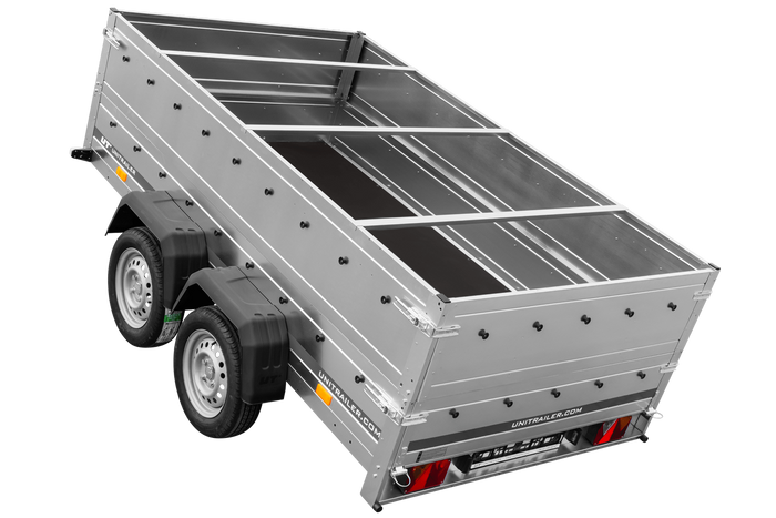 Tweeassige aanhanger 264x150 UNITRAILER GARDEN 265/2 KIPP met BIS-zijwanden, H-0 frame en blauwe afdekking