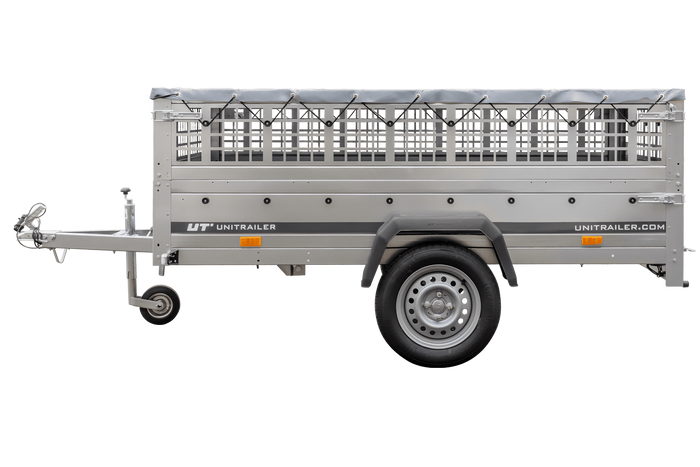 Enkelassige aanhanger 230x125 UNITRAILER GARDEN 230 KIPP met gaaswanden, H-0 frame en grijze afdekking