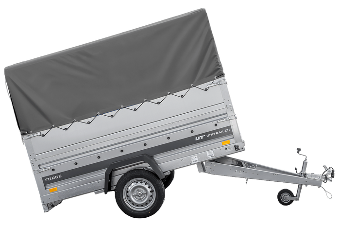 Enkelassige aanhanger op veren 230x125 UNITRAILER FORCE 230/R KIPP met BIS-zijwanden, H-800 frame en grijze afdekking