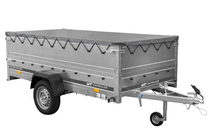 Enkelassige aanhangwagen op veren 264x125 UNITRAILER GARDEN 264/R KIPP met BIS zijwanden, H-0 frame en grijs zeil