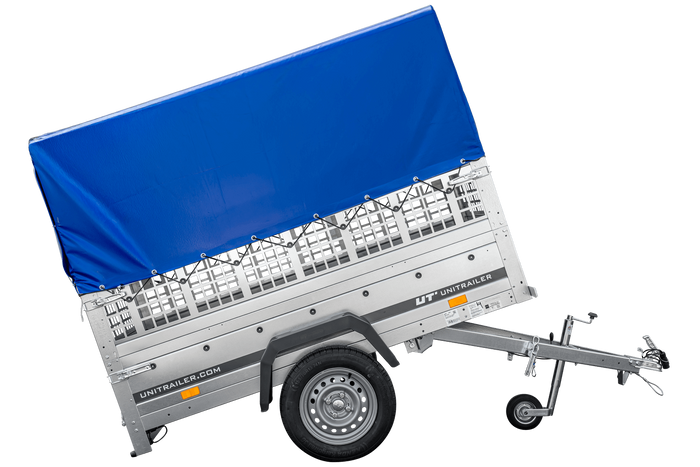 Lichte aanhanger 200x106 UNITRAILER GARDEN 200 KIPP met gaaswanden, H-800 frame en blauwe hoes