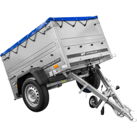 Unitrailer GARDEN TRAILER 150 KIPP met steunwiel, twee zijkanten en blauwe vlakke afdekking