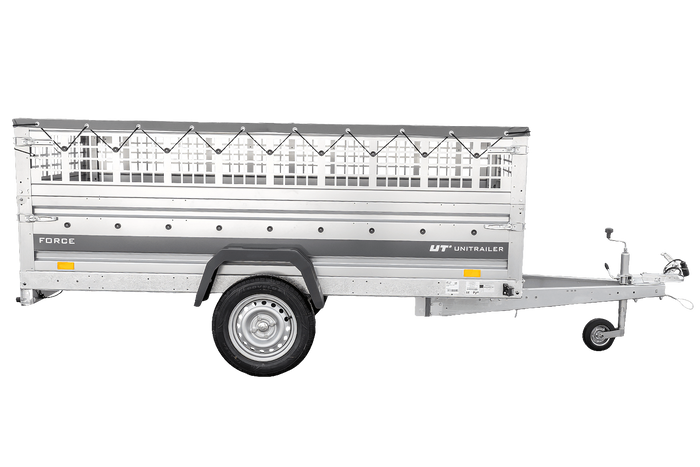 Enkelassige aanhanger 264x125 UNITRAILER FORCE 264 KIPP met gaaswanden, H-0 frame en grijze afdekking