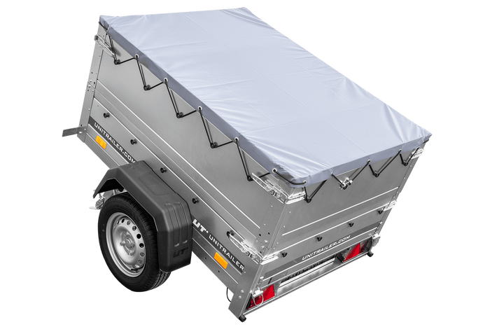 Unitrailer GARDEN TRAILER 150 KIPP met een steunwiel, twee zijkanten en een grijze platte afdekking op een frame