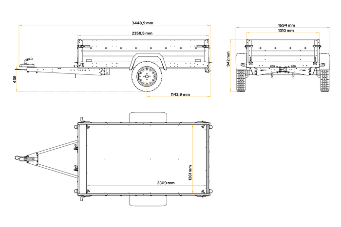 Lichte aanhanger 230x125 UNITRAILER FORCE 230 KIPP met H-1100 frame en grijze afdekking