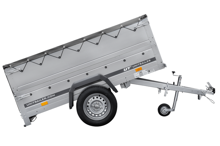 Enkelassige aanhanger 200x106 UNITRAILER GARDEN 200 KIPP met BIS-zijwanden, H-0 frame en grijze afdekking