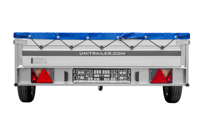 Autoaanhanger met aluminium zijwanden 264x150 Unitrailer Garden 265 KIPP ALU met H-0 frame en blauwe afdekking