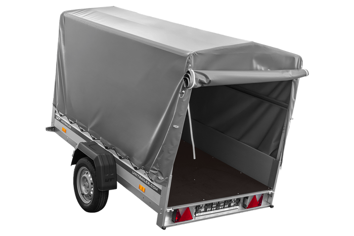 Autoaanhanger met aluminium zijwanden 230x125 Unitrailer Garden 230 KIPP ALU met H1100 frame en grijze afdekking