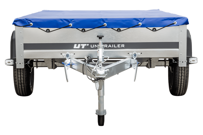 Garden trailer 230 kipp met steunwiel en platte blauwe afdekking