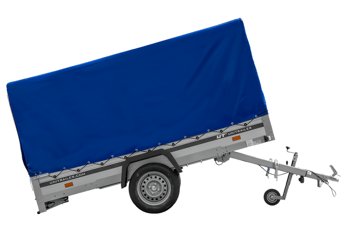 Autoaanhanger met aluminium zijwanden 264x125 Unitrailer Garden 264 KIPP ALU met H-1100 frame en blauwe afdekking