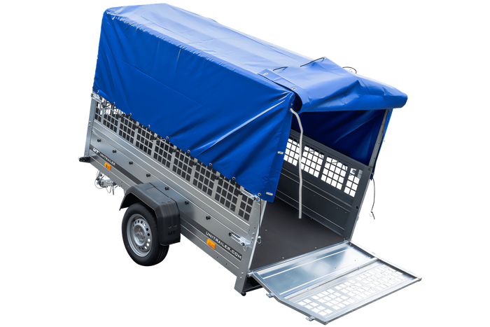 Enkelassige aanhanger 230x125 UNITRAILER GARDEN 230 KIPP met gaaswanden, H-800 frame en blauw dekzeil