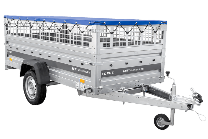 Enkelassige aanhanger 264x125 UNITRAILER FORCE 264 KIPP met gaaswanden, H-0 frame en blauwe afdekking.