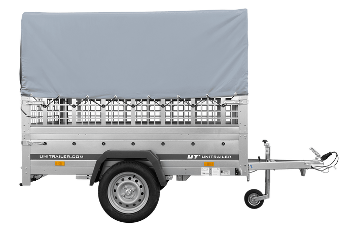 Enkelassige aanhangwagen op veren 200x125 UNITRAILER GARDEN 201/R KIPP met roosterwanden, H-800 frame en grijze afdekking