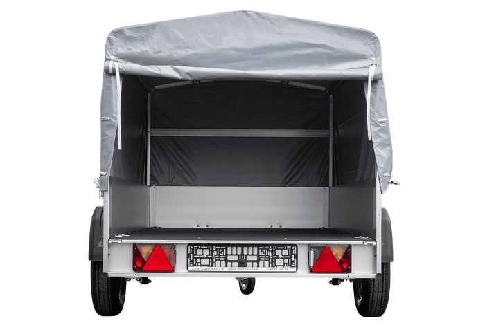 Autoaanhanger op veren met aluminium zijwanden 200x125 Unitrailer Garden 201/R KIPP ALU met H-800 frame en grijze afdekking