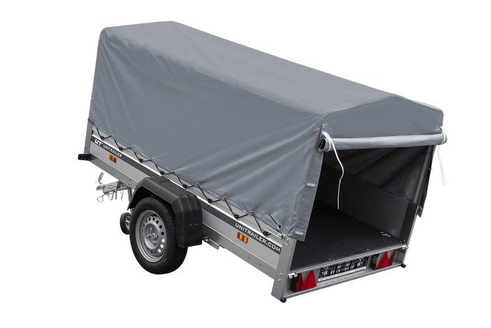 Enkelassige aanhanger op veren met aluminium zijwanden 230x125 Unitrailer Garden 230/R KIPP ALU met H-800 frame en grijze afdekking