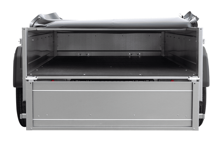 Enkelassige aanhanger 200x106 UNITRAILER GARDEN 200 KIPP met H-0 frame en grijze afdekking