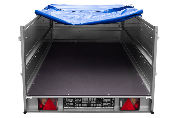 Enkelassige aanhanger 264x125 UNITRAILER GARDEN 264 KIPP met BIS zijwanden en blauw dekzeil