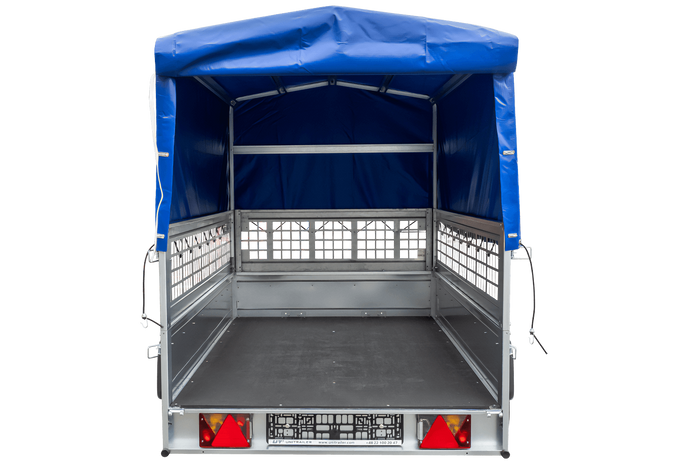 Enkelassige aanhanger 230x125 UNITRAILER GARDEN 230 KIPP met gaaswanden, H-800 frame en blauw dekzeil