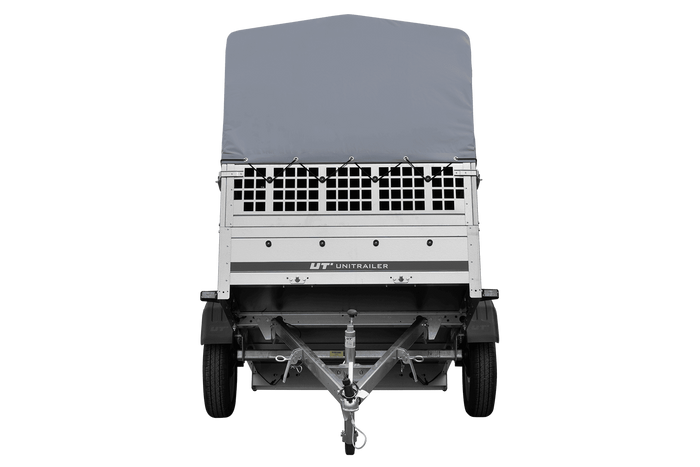 Enkelassige aanhanger 200x125 UNITRAILER GARDEN 201 KIPP met gaaswanden, H-800 frame en grijze afdekking