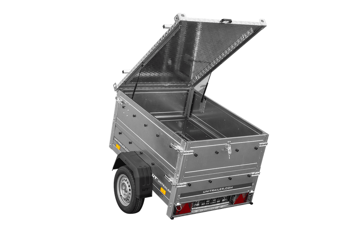 Enkelassige aanhanger 150x106 UNITRAILER GARDEN 150 KIPP met BIS-zijwanden en aluminium afdekking