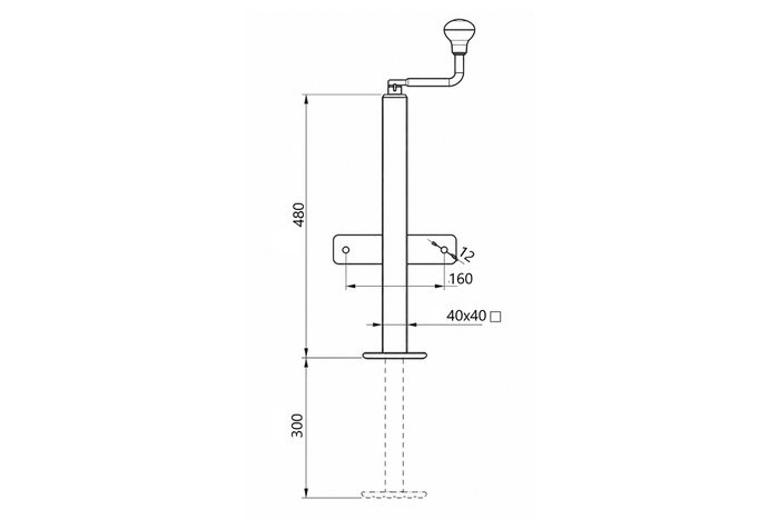 KNOTT TTL40 uitschuifbare cranksteun voor aanhanger van 500 kg, 40 mm, 480-780 mm