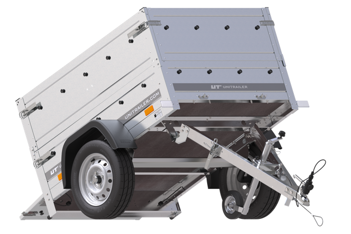 Unitrailer GARDEN TRAILER 150 KIPP met een steunwiel, twee zijkanten en een grijze platte afdekking op een frame