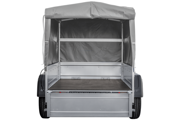 Enkelassige aanhanger 150x106 UNITRAILER GARDEN 150 KIPP met H-800 frame en grijze afdekking