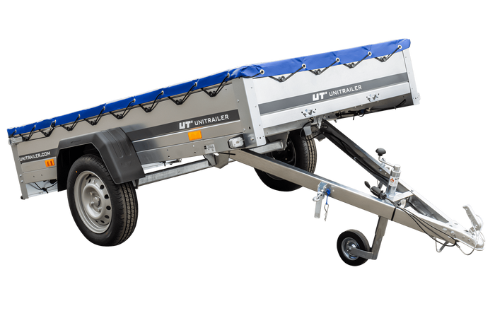 Garden trailer 230 kipp met steunwiel en platte blauwe afdekking