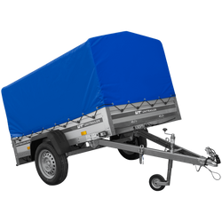 Enkelassige aanhanger met aluminium zijwanden 200x125 Unitrailer Garden 201 KIPP ALU met H-800 frame en blauwe afdekking
