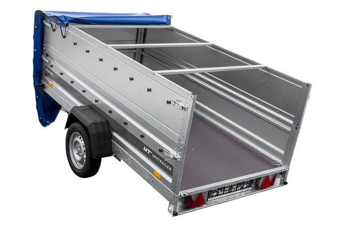 Enkelassige aanhanger op veren 264x125 UNITRAILER FORCE 264/R KIPP met BIS-zijwanden, H-0 frame en blauw dekzeil
