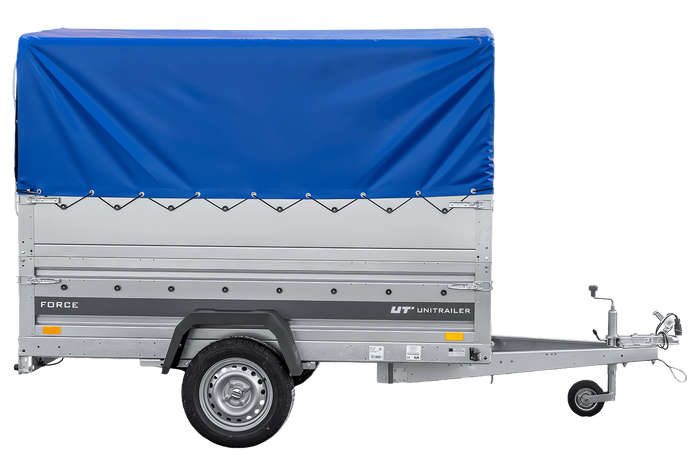 Enkelassige aanhanger op veren 230x125 UNITRAILER FORCE 230/R KIPP met BIS-zijwanden, H-800 frame en blauwe afdekking