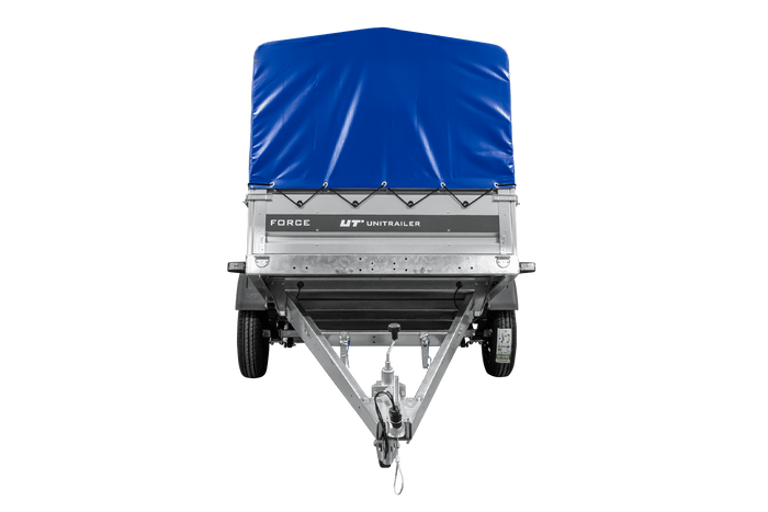 Autotransportaanhanger op veren 230x125 UNITRAILER FORCE 230/R KIPP met H-800 frame en blauwe afdekking