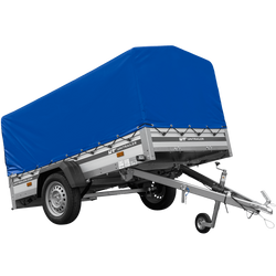 Enkelassige aanhanger op veren met aluminium zijwanden 230x125 Unitrailer Garden 230/R KIPP ALU met H-800 frame en blauwe afdekking